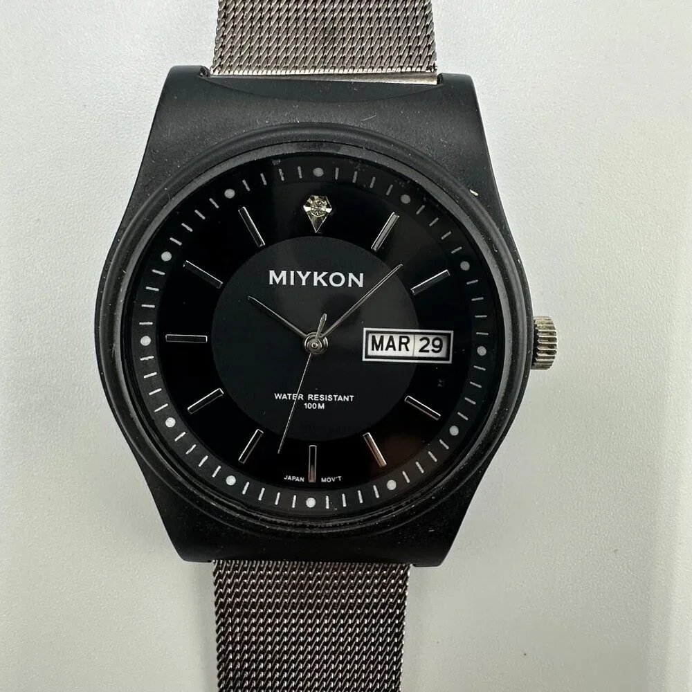 Miykon Watch Men Black Day Date Dial 38MM Mesh Buckle Band New Battery 9 Inch